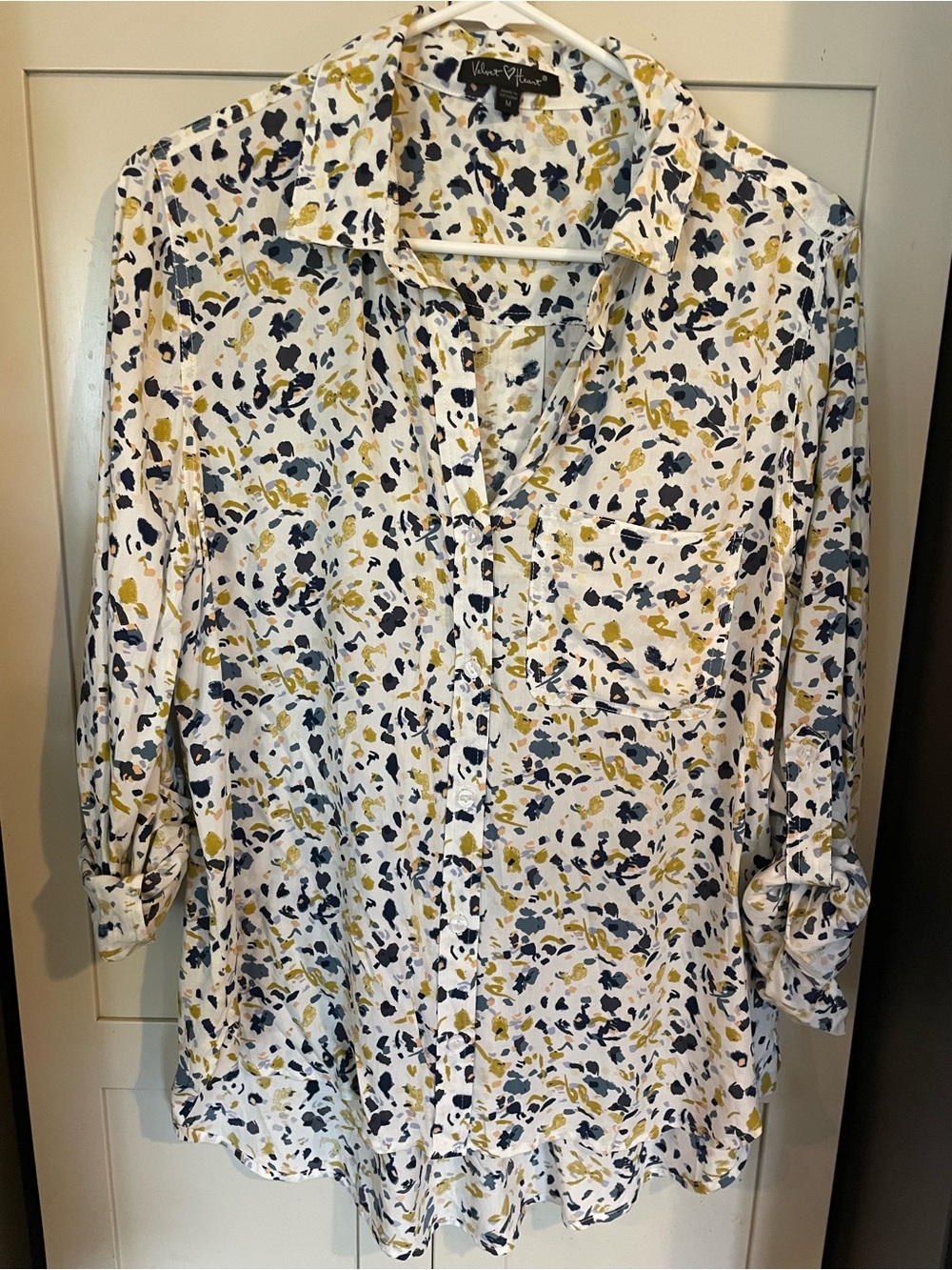 Velvet Heart White Button-Down Shirt with Navy and Mustard Floral Print
